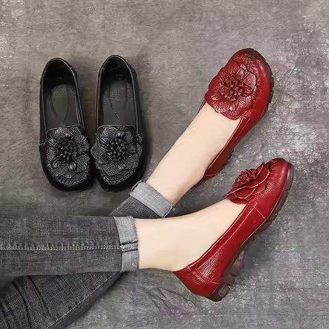 Women Concise Flower Flats Black Shoes Spring Flats Female Genuine Leather Shoes 2020 Superstar Oxfr