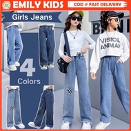 Ready Stock Girls Jeans for Kids 3-12 Yrs High Waist Straight Leg Pants with Pockets Casual Trousers