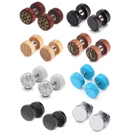 1 Pair 16g Men Women Punk Stainless Steel Wood Turquoise Barbell Stud Earrings Fake Flesh Ear Tunnel