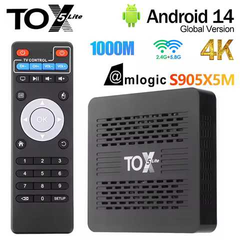 TOX5 Lite Android 14 2GB 32GB Smart TV Box with S905X5M Dual Wifi 1000M LAN BT4.1 Support H.265 4K 6
