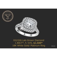 18K (750) White Gold IGI LAB GROWN DIAMOND Total 1.80ct, F Color, VVS, 3 Excellent NONE Fluorescence