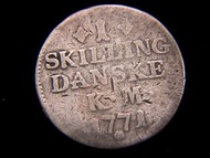 丹麥王國銅幣-1771年丹麥王國(Kingdom of Denmark)丹皇克里斯仁七世徽(King Christian VII)壹斯基靈(Skilling)古銅幣