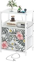 vimiroo Nightstand with Charging Station, 1 Pack Nightstands with 2 Fabric Drawers, 3-Tier End Table with USB Ports &amp; Outlets,Bedside Table for Living Room/Bedroom (White)