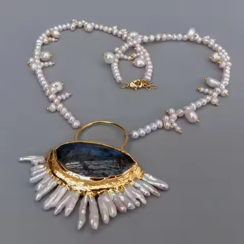 YYGEM Natural Multi Shape Freshwater pearl Necklace Real Blue Labradorite keshi Pearl Pendant 22'' C