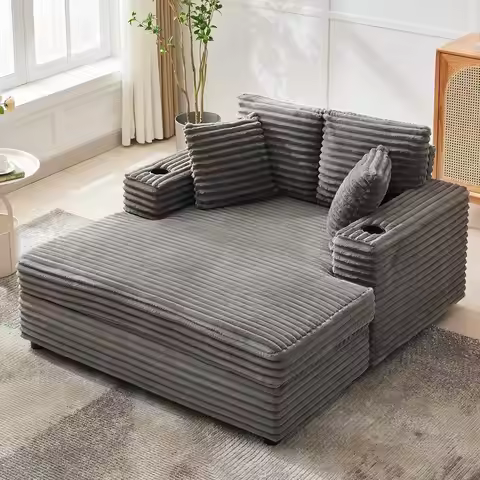 60-inch Oversized Chaise Lounge Chair Indoor, Comfy Corduroy Lounge Sofa with Charging Station, Cup 