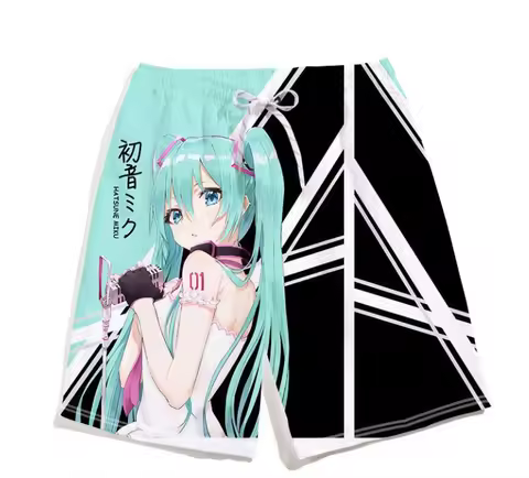 2026 Summer Hatsune Miku Retro Cosplay Shorts Men's Oversized 3D Printed Quick-drying Beach Pants Fa