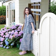 2026 Spring Summer Two-Piece Ramie Print Shirt Top Sling Dress B0423 Long Skirt