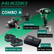 HIKOKI HITACHI COMBO A G3610DVE ANGLE GRINDER WH36DC CORDLESS IMPACT DRIVER BSL36A18X X 2PCS & UC18Y