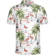 Flamingo Playing Golf And Tropical Pattern Polo Shirt Pink Flamingo Short Sleeve Polo Shirt For Golf