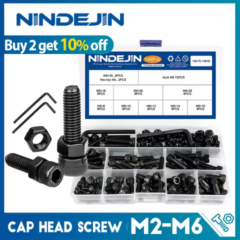 NINDEJIN hex hexagon socket head cap screw nut 12.9 grade carbon steel m2 m2.5 m3 m4 m5 m6 screw set