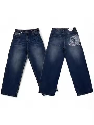 American Fashion Joker Loose Jeans Women Street Y2k Hip Hop Pattern Embroidery Straight Wide-leg Pan