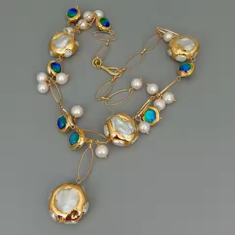 YYGEM hot sale ! Blue Murano Glass 10-11mm Freshwater Cultured 27mm White Keshi Pearl Gold Filled Ch
