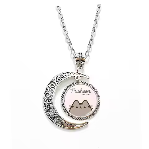Cartoon Pusheen Moon Rotating Necklace Cute Pusheen Hanging Keychain Pendant Charms Fans Birthday Gi
