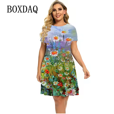 Elegant Women Tie Dye Chrysanthemum Dress Floral Print Vintage Dresses Summer For Short Sleeve Loose