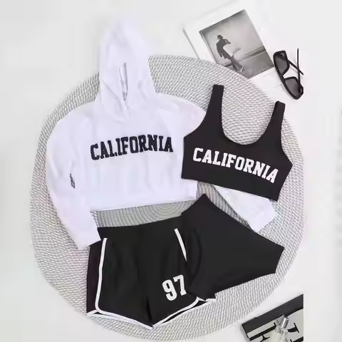 2026 Sporty Girls Swimsuit 4 Pieces Bikini Tops & Shorts Kids Swimwear Female Children's Bathers Bat