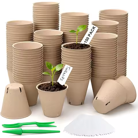 150 Pcs 3.15In Seed Starting Peat Pots with Drainage Holes, Round Nursery Pots w/ 30 Plant Labels, 2