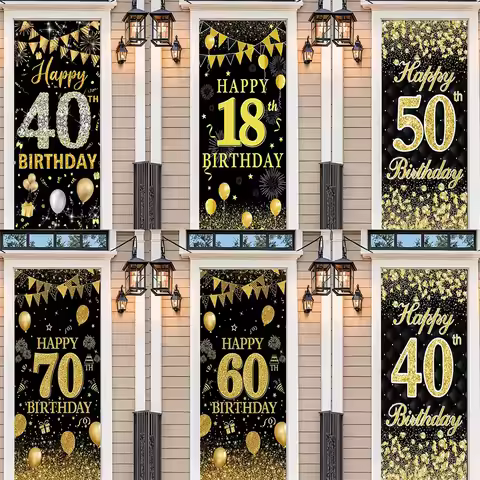 Black Gold Adult Birthday Door Cover 30 50 40 60 70th Anniversary Age Party Balloon Cake Decoration 
