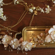手工新娘頭飾 法式白色花圈 金葉