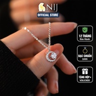 S999 Pure Silver Crescent Moon Necklace with Zircon Stone