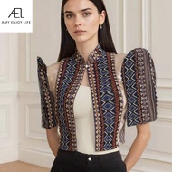 Amyenjoylife Áo sơ mi filipiniana hiện đại Áo sơ mi tay áo bong bóng cổ đứng tay đứng thanh lịch Mùa