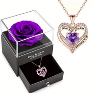 Ladies Fashion Pendant Zircon Heart-Shaped Necklace and Rose Gift Box, Mother's Day Gift for Mother Wife Daughter Girlfriend Birthday Gift Valentine's Day Gift Christmas Gift Teacher's Day Gift Anniversary Gift Thanksgiving Gift Ladies Necklace Jewelry Gi