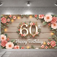 Floral Happy 60th Birthday Party Banner Backdrop Rustic Wooden Texture Birthday Milestone For 60th B