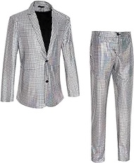 Retro 70s Outfits for Men Disco Dress Costume 2 Piece Set Metallic Glitter Jacket Blazer and Pants JXZ099