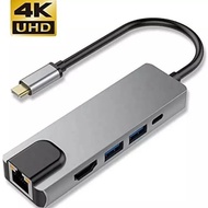 [[PROMO]] 4K 5 in 1 Type C to HDMI Converter Adapter Cable/2x USB 3.0/LAN/PD - Grey, 100MB