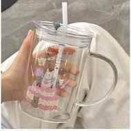 แก้วน้ำ แก้วกาแฟ ลายเค้กกระต่าย แก้วมีหูจับ ความจุขนาดใหญ่1000ml แถมหลอกด้วย พร้อมส่ง！！！
