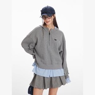 假兩件連帽半拉鏈拼接衛衣女秋季美式短款寬鬆外套