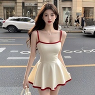 Pure Desire Beige Contrast Color Square Neck Sling Dress - Feminine Retro Design