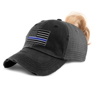 Custom Womens Ponytail Cap American Flag Thin Blue Line Embroidery Cotton