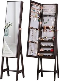 LUXFURNI Jewelry Cabinet with Full-Length Mirror, Standing Jewelry Armoire Organizer Lockable