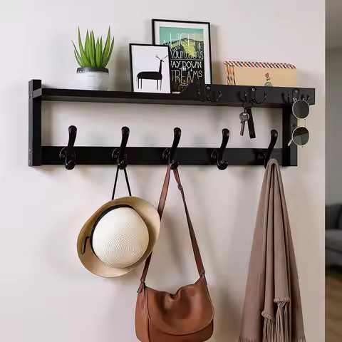 4-in-1 Wall-Mounted Coat Rack with Shelves, Hooks, Mail Holder, and Key Storage