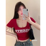 Square neck t-shirt with letter print and real photo, super pretty color