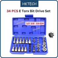 34 Pcs E Torx Bit Drive Set 1/4 3/8"E4-E24 E Torx Star Female Bit Socket Set Spanner Set