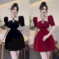 BIGSIZETIX Velvet party dress with cut-waist halter neck design and luxurious stone strap 50-90kg