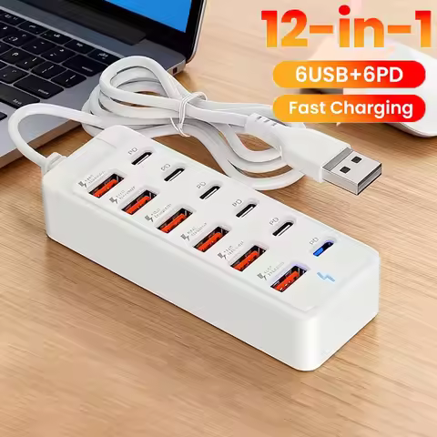 12 in 1 USB C Hub Power Strip Charger Socket USB2.0 High Speed Data Transfer Converter 6USB 6Type C 
