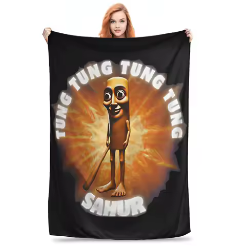 Tung Tung Tung Sahur Knitted Blanket Italian Brainrot Flannel Throw Blanket Bedding Couch Personalis