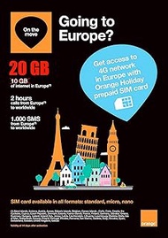 Orange Holiday Europe Prepaid Travel Data Sim Card with 20GB Data