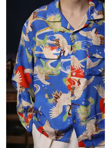 Second Order Cupro Hawaiian Shirt Old Fashion Oriental Print Cuban Collar Long Sleeve Shirt