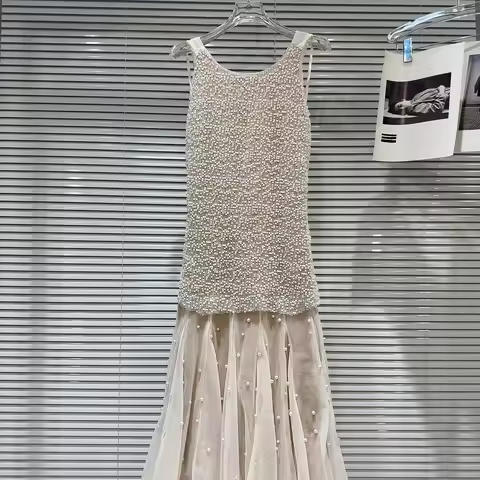 Summer Commute High Waist Me Hollow out Beaded Design Vest Dr Women's Faionable New Arrival Ele Lady