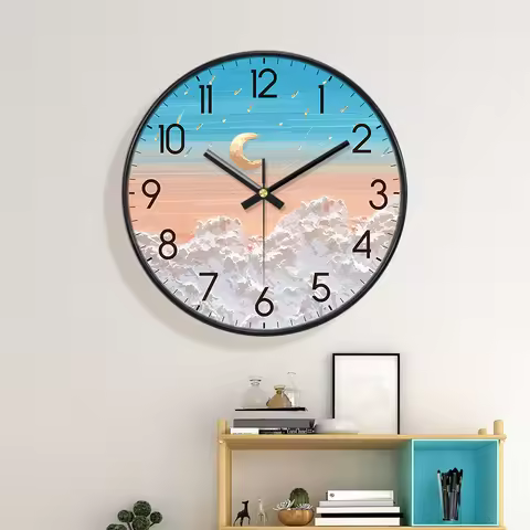 Dreamy Wall Clock Moon & Clouds Silent Wall Watch Artistic Sky Landscape Clock for Living Room Bedro