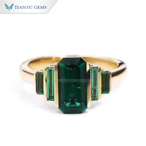 Tianyu Gems 5x10mm Rectangle Lab Emerald Yellow Gold Engagement Ring for Women Lady 10K 14K 18K Real