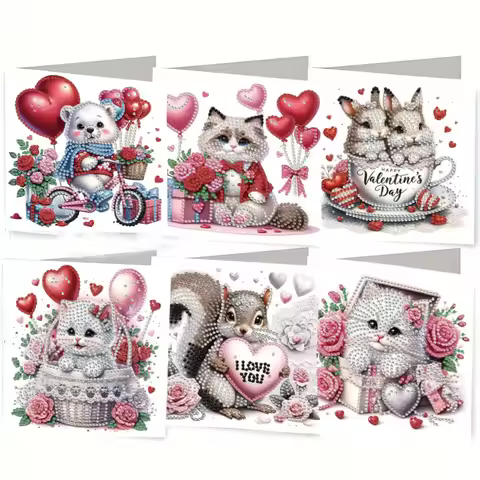 6-piece/set DIY diamond painting birthday card kit, cute animal pattern design, rhinestone diamond p
