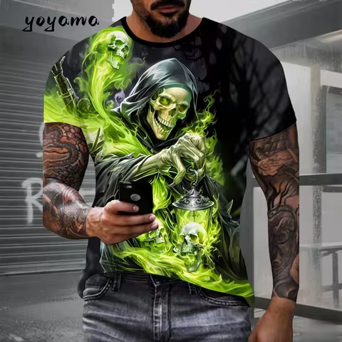 2025 Skull Men's T-Shirt Vintage Horror Skull 3D Print Men's Short Sleeve Tee Summer Oversized Men's