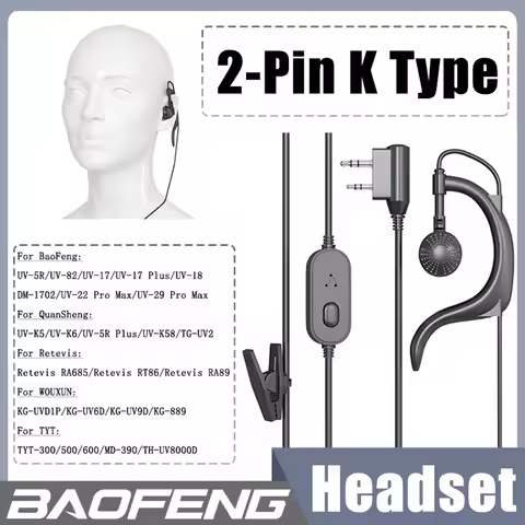 Baofeng Earpiece Headset Walkie Talkie Headphone 2-Pin K Type for UV-17 GPS UV-5RX UV-25L Quansheng 