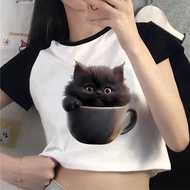 Funny Cat crop top ladies summer manga gothic korean fashion gyaru top tees cheap gyaru goth scene