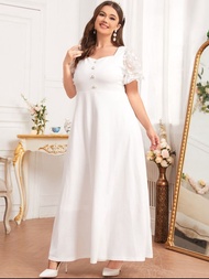 FAP Plus Size Wedding Civil Dress Floral Appliques Puff Sleeve Fake Button Maxi Dress Fit To XL