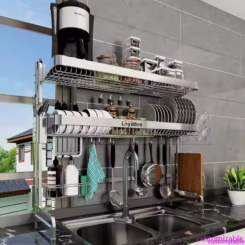 Customizable Over Sink Dish Drying Rack, 3 Tier Adjustable Length (20.87'' to 37.6'') Full Stainless